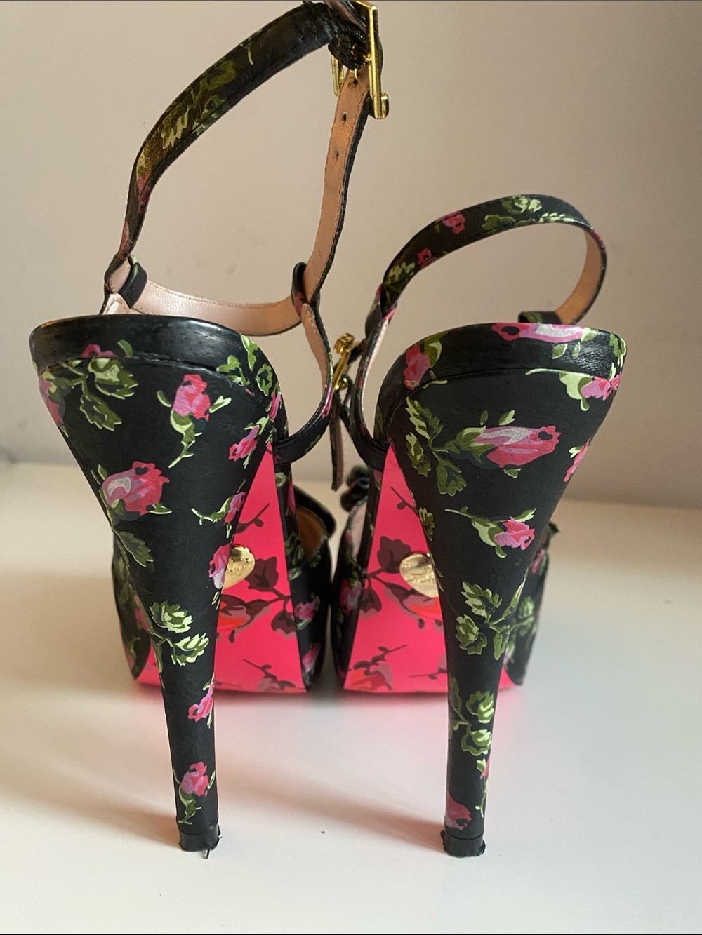 Betsey Johnson Black Floral Platform Ankle-Strap Heels with Pink Soles - Picture 3 of 5